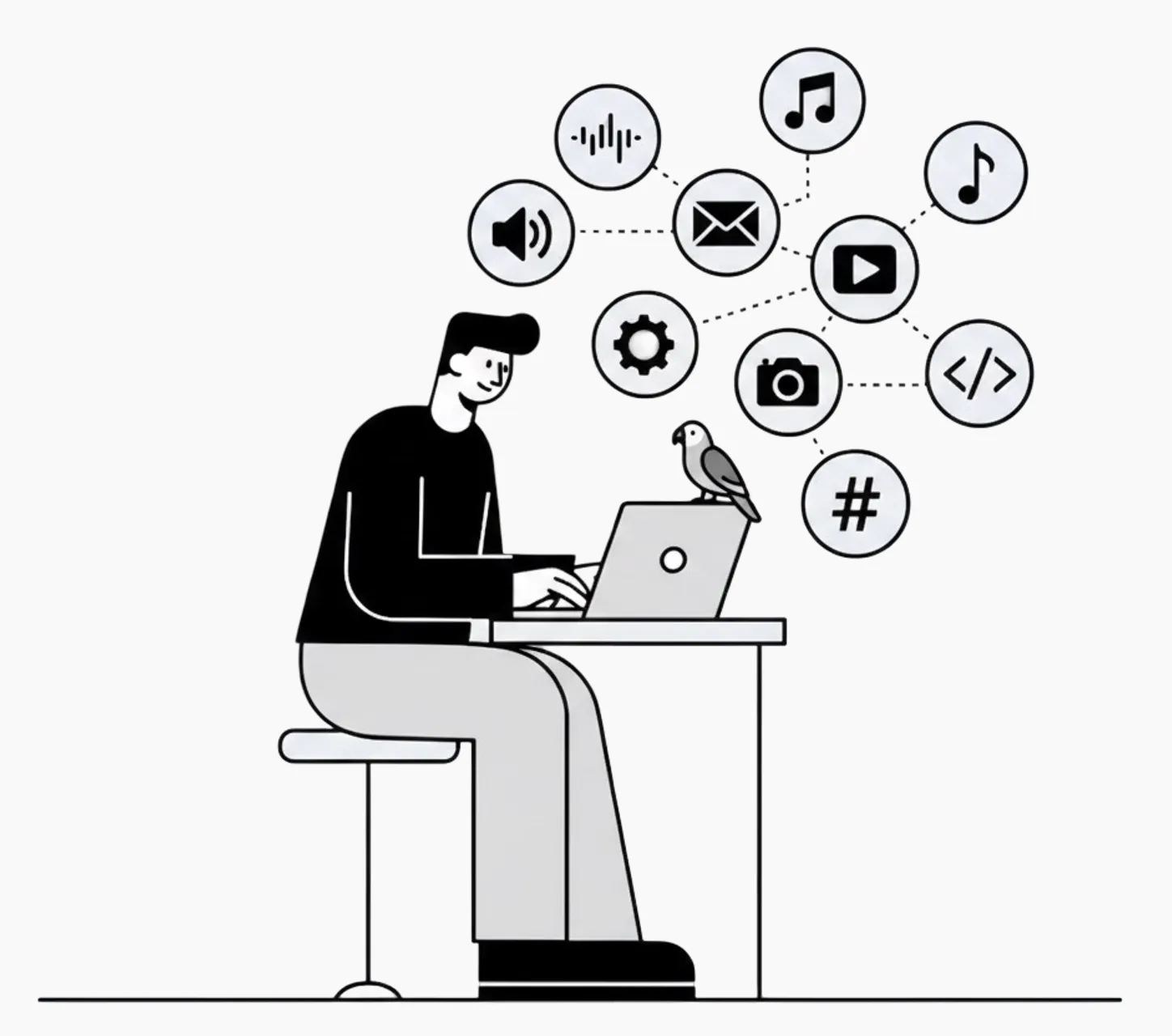 Man working on laptop with parrot perched on it